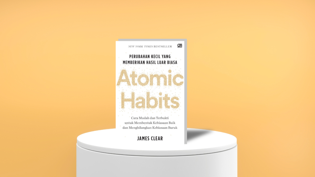 Cover buku Atomic Habits karya James Clear dengan desain sederhana dan profesional.