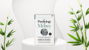 Cover buku The Psychology of Money karya Morgan Housel dengan desain elegan dan minimalis.