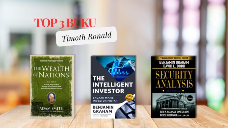 Tiga buku investasi berjejer: Wealth of Nations, The Intelligent Investor, dan Security Analysis.