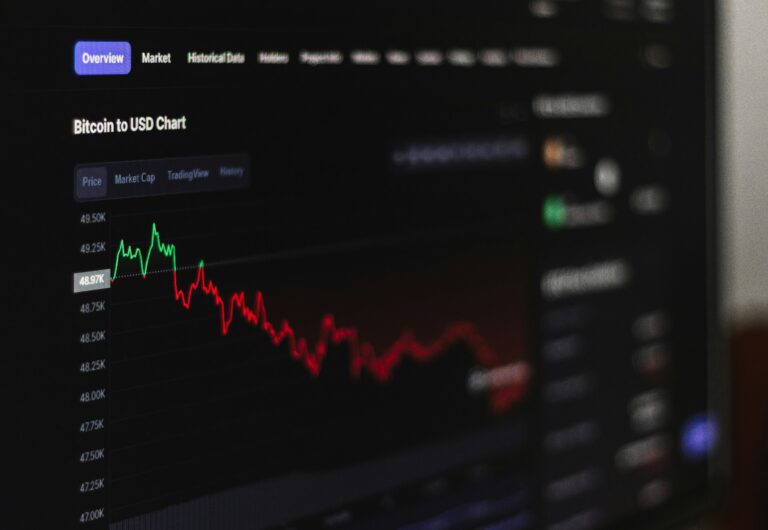 Grafik harga Bitcoin terhadap USD dengan tren menurun dalam tampilan layar monitor. tips investasi