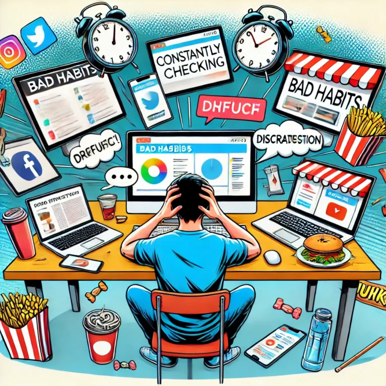 Ilustrasi seseorang yang berjuang melawan kebiasaan buruk, seperti multitasking di banyak layar, sering mengecek ponsel, menunda pekerjaan di meja berantakan, dan dikelilingi oleh distraksi seperti ikon media sosial dan camilan.
