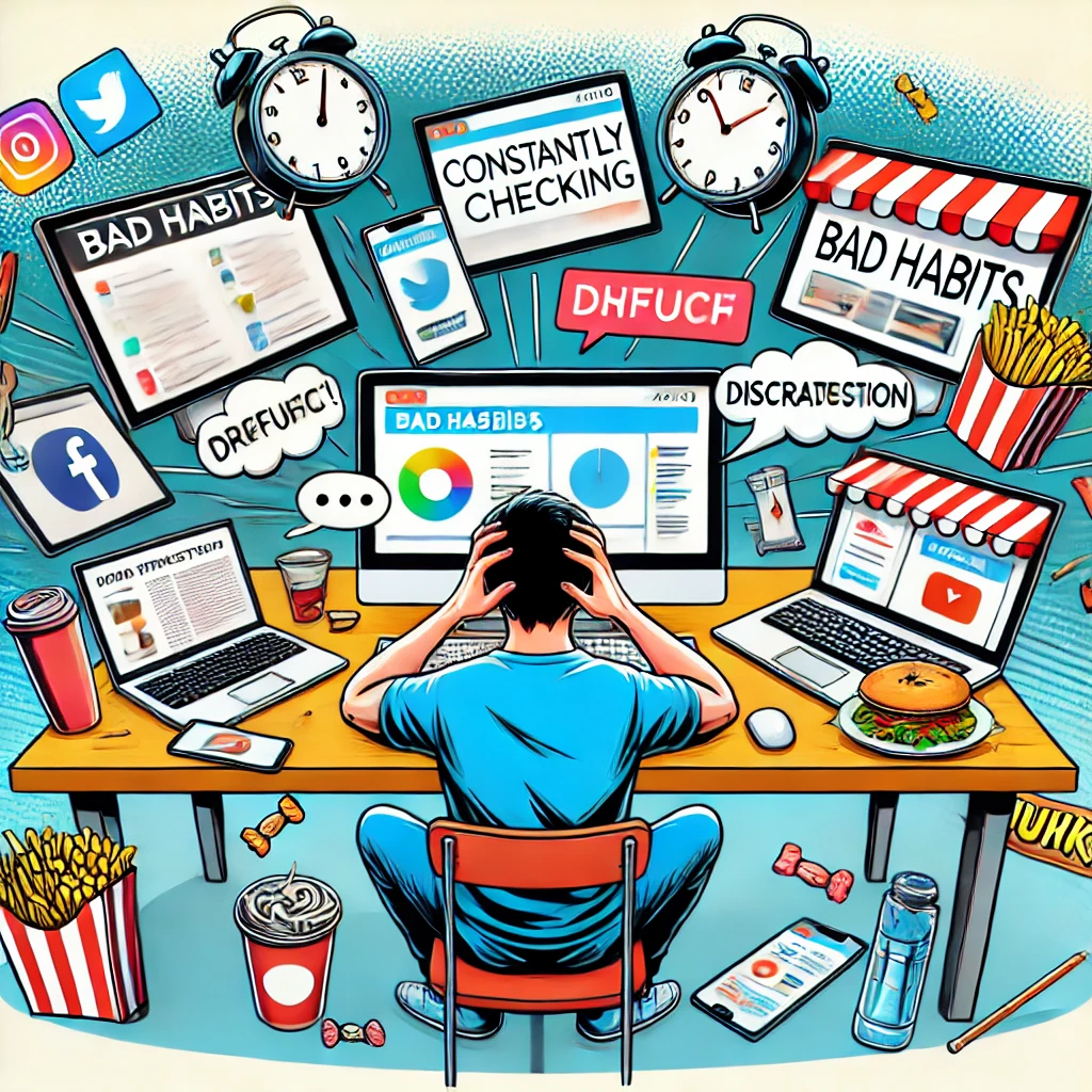 Ilustrasi seseorang yang berjuang melawan kebiasaan buruk, seperti multitasking di banyak layar, sering mengecek ponsel, menunda pekerjaan di meja berantakan, dan dikelilingi oleh distraksi seperti ikon media sosial dan camilan.