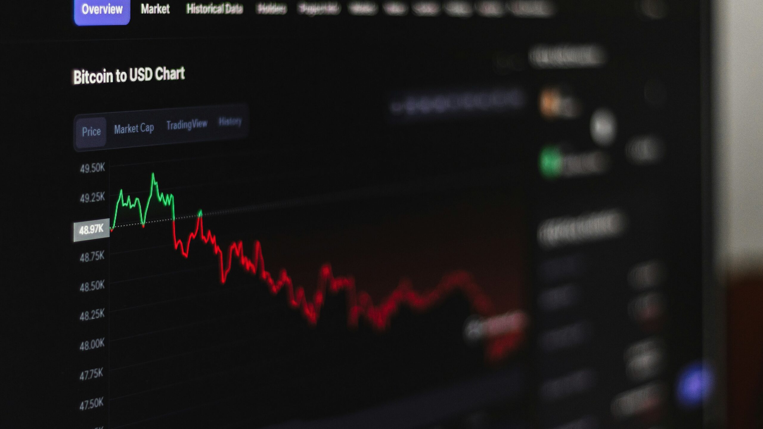 Grafik harga Bitcoin terhadap USD dengan tren menurun dalam tampilan layar monitor. tips investasi